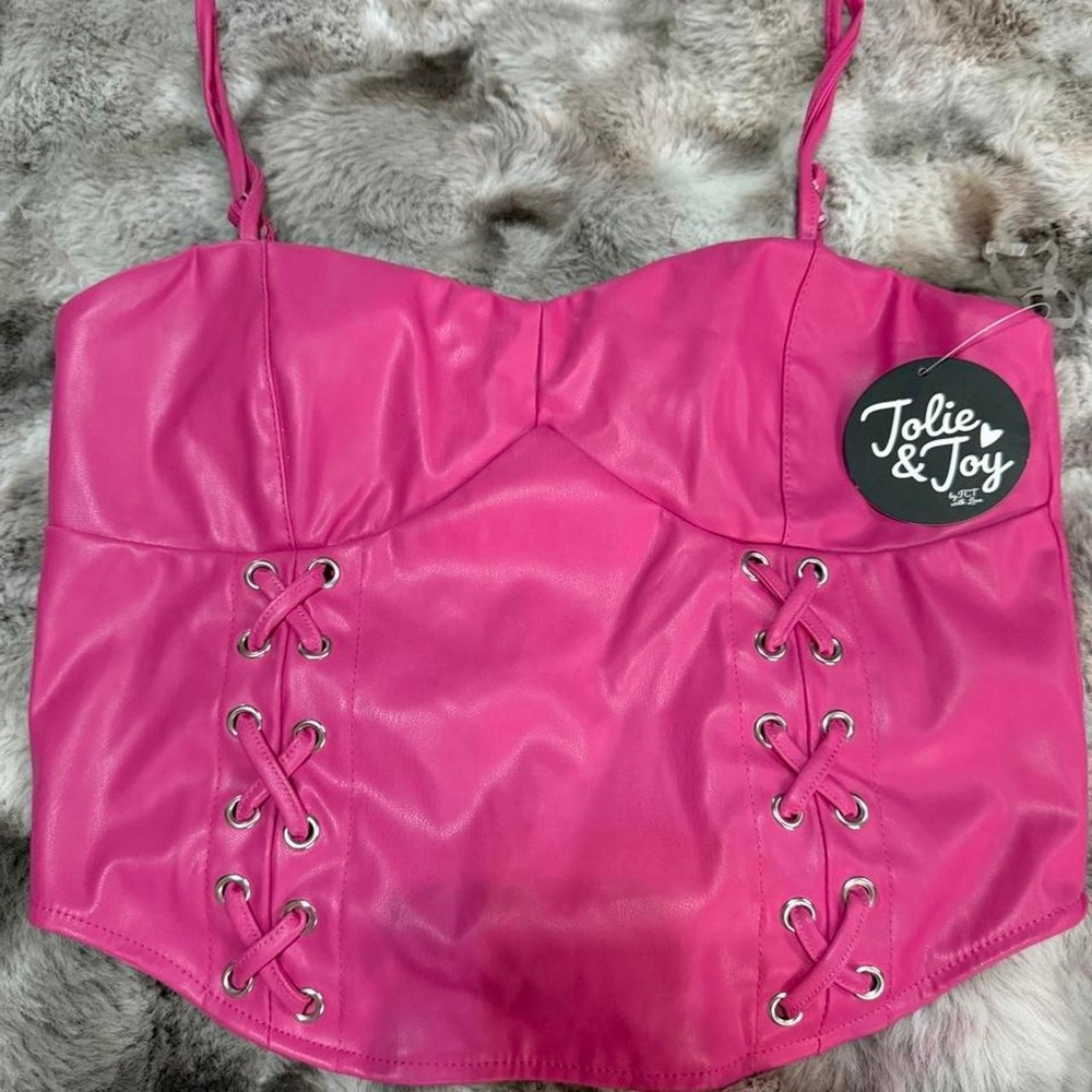 Jolie & Joy Hot Pink Faux Leather Corset Top Lace Up Grommet Camisole NWT Medium